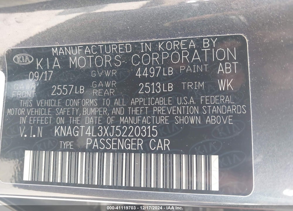 2018 KIA OPTIMA VIN: KNAGT4L3XJ5220315