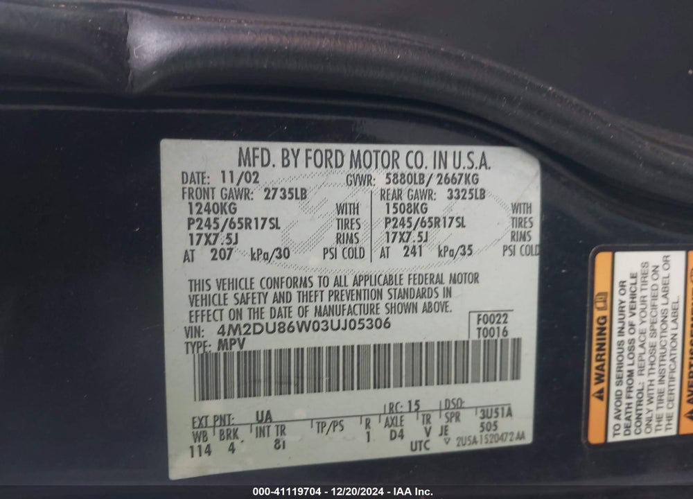 2003 MERCURY MOUNTAINEER VIN: 4M2DU86W03UJ05306