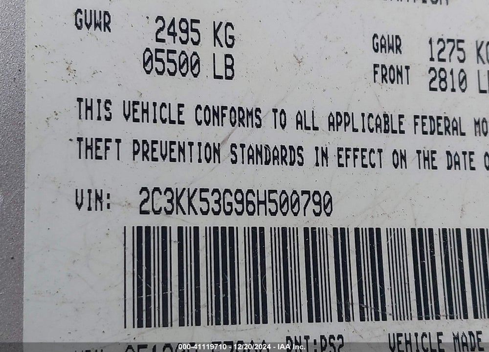 2006 CHRYSLER 300 TOURING VIN: 2C3KK53G96H500790