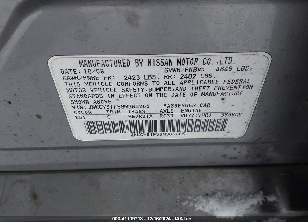 2009 INFINITI G37X VIN: JNKCV61F59M365265