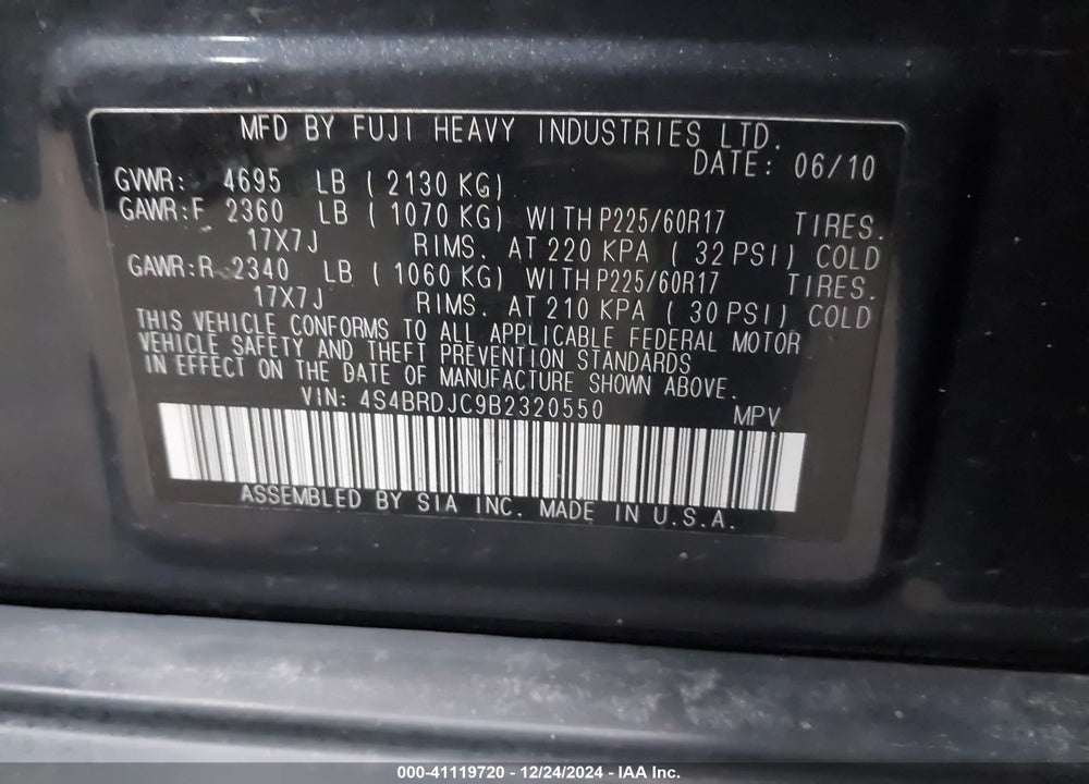 2011 SUBARU OUTBACK 3.6R LIMITED VIN: 4S4BRDJC9B2320550