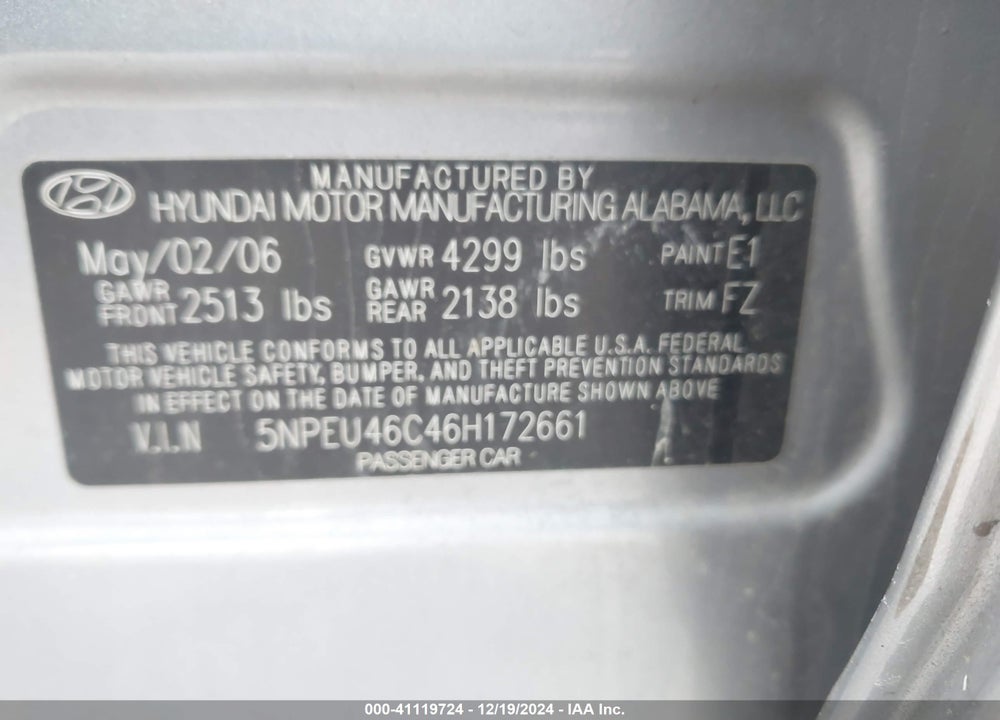 2006 HYUNDAI SONATA VIN: 5NPEU46C46H172661