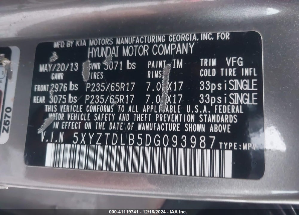 2013 HYUNDAI SANTA FE SPORT VIN: 5XYZTDLB5DG093987