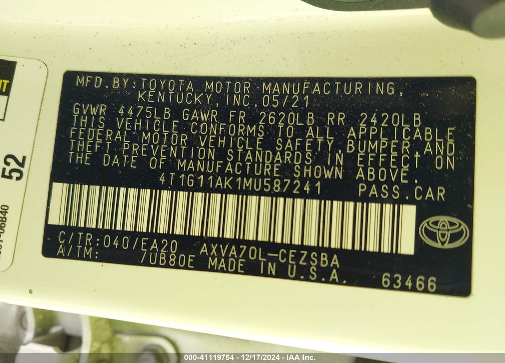 2021 TOYOTA CAMRY SE VIN: 4T1G11AK1MU587241