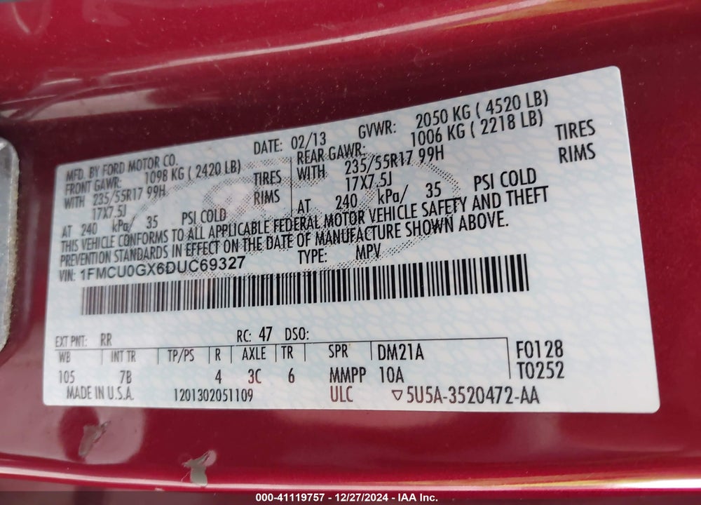2013 FORD ESCAPE SE VIN: 1FMCU0GX6DUC69327
