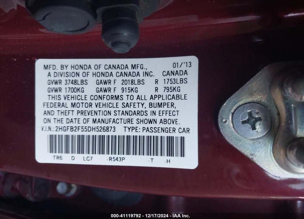 2013 HONDA CIVIC LX VIN: 2HGFB2F55DH526873