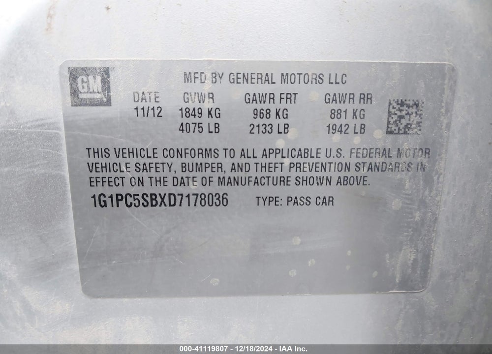 2013 CHEVROLET CRUZE VIN: 1G1PC5SBXD7178036