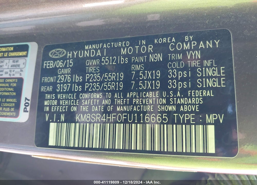 2015 HYUNDAI SANTA FE LIMITED VIN: KM8SR4HF0FU116665