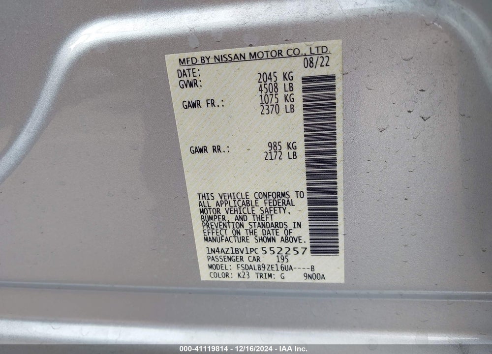 2023 NISSAN LEAF S 40 KWH VIN: 1N4AZ1BV1PC552257