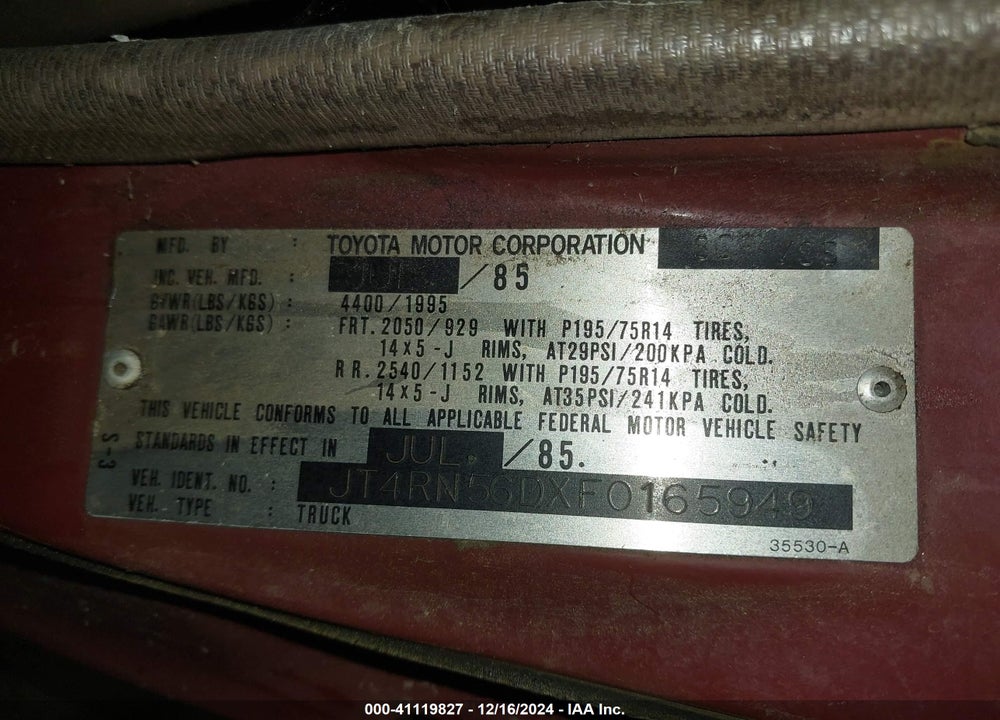 1985 TOYOTA PICKUP XTRACAB RN56 DLX VIN: JT4RN56DXF0165949
