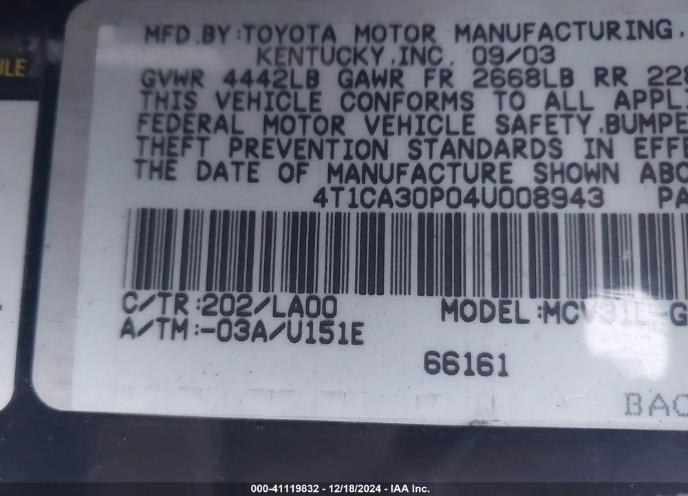 2004 TOYOTA CAMRY SOLARA SLE V6 VIN: 4T1CA30P04U008943