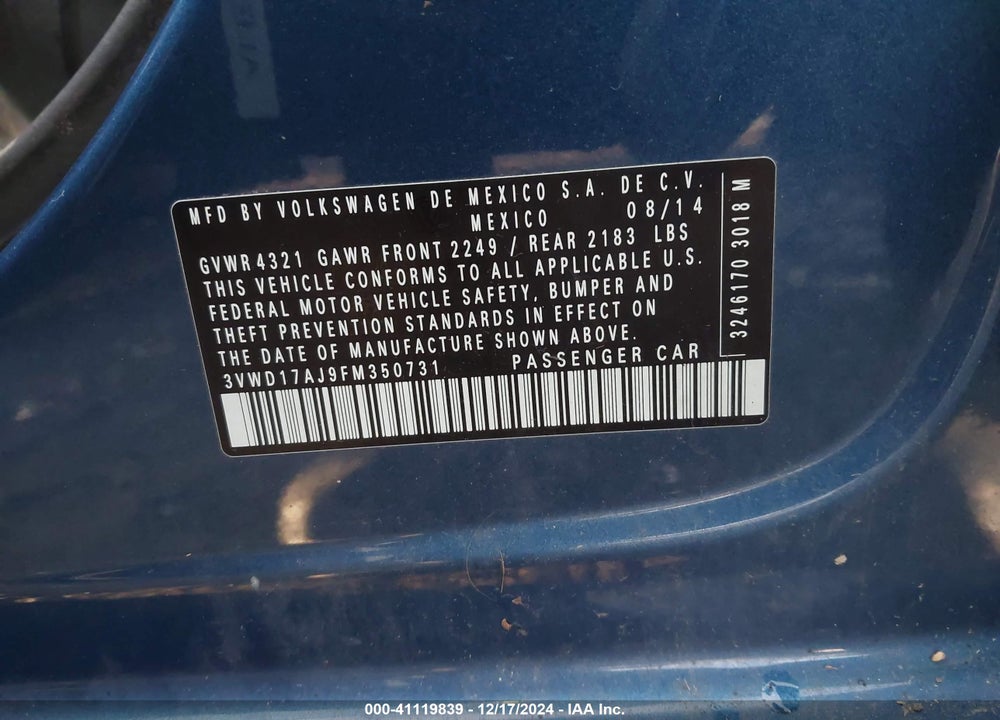 2015 VOLKSWAGEN JETTA VIN: 3VWD17AJ9FM350731
