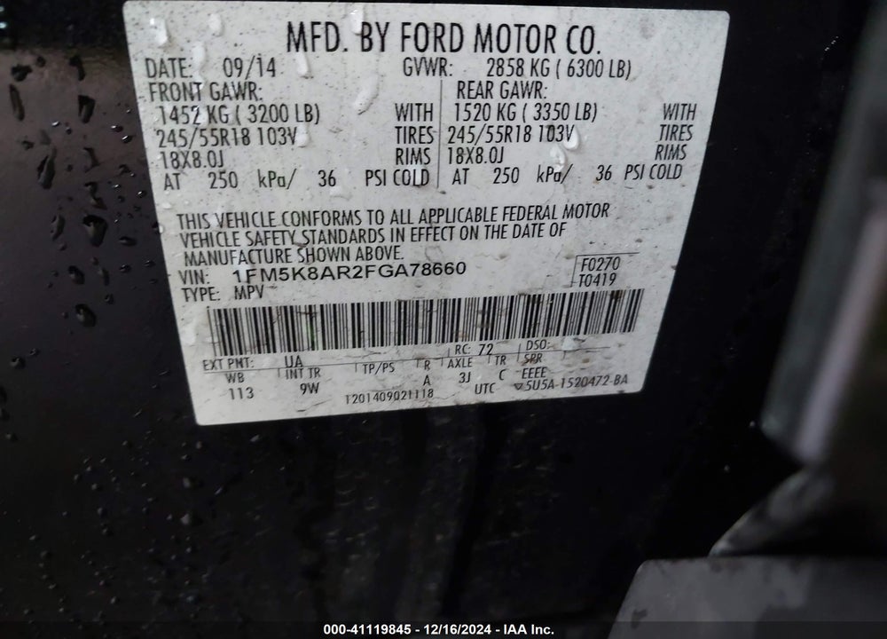 2015 FORD POLICE INTERCEPTOR VIN: 1FM5K8AR2FGA78660