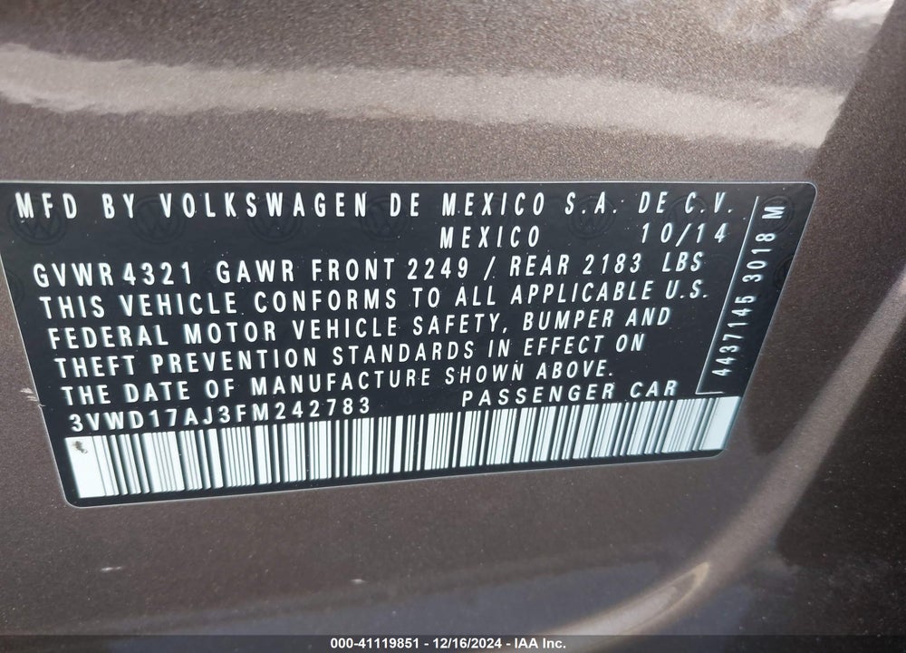 2015 VOLKSWAGEN JETTA 1.8T SE VIN: 3VWD17AJ3FM242783