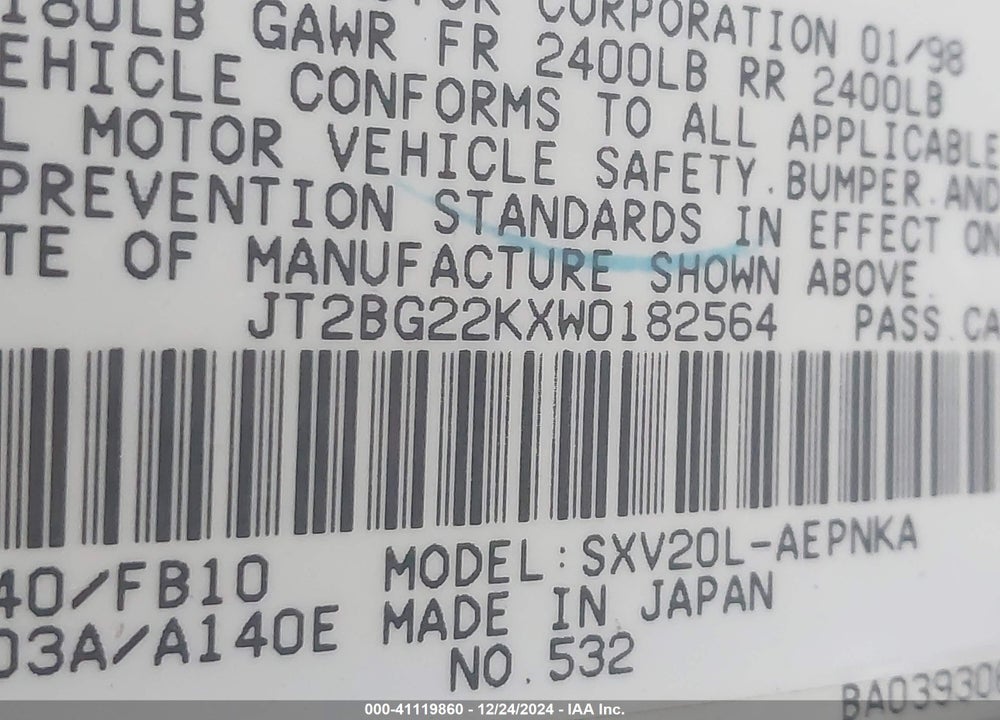 1998 TOYOTA CAMRY LE VIN: JT2BG22KXW0182564