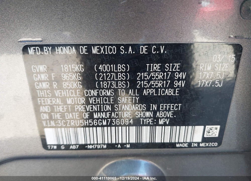 2016 HONDA HR-V EX VIN: 3CZRU5H56GM736094