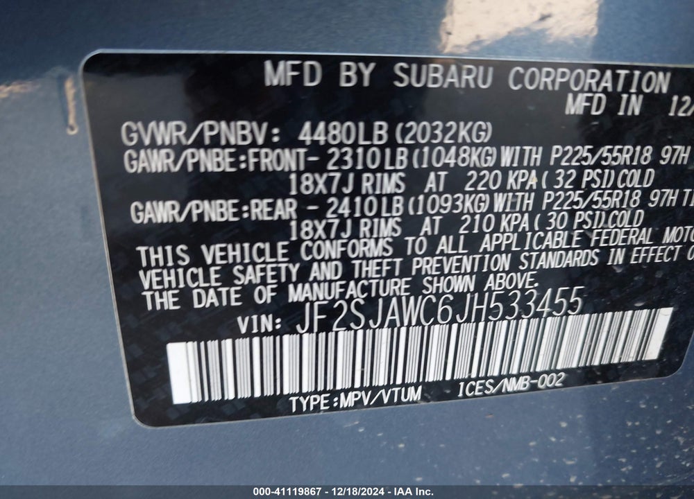 2018 SUBARU FORESTER VIN: JF2SJAWC6JH533455