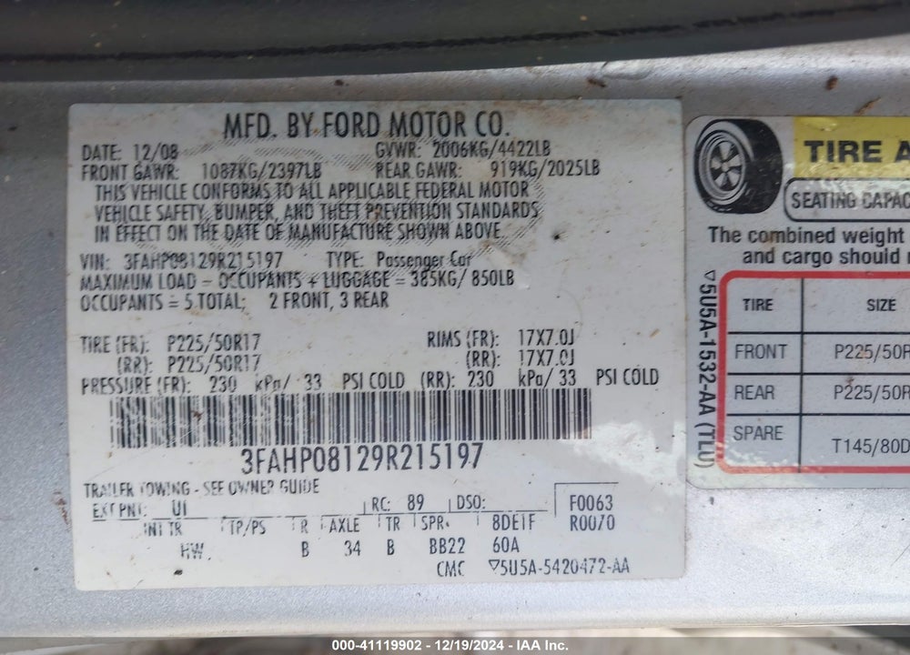 2009 FORD FUSION SEL VIN: 3FAHP08129R215197