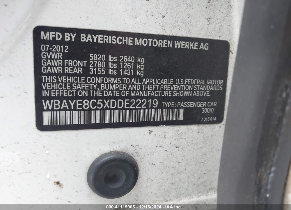 2013 BMW 750LI VIN: WBAYE8C5XDDE22219
