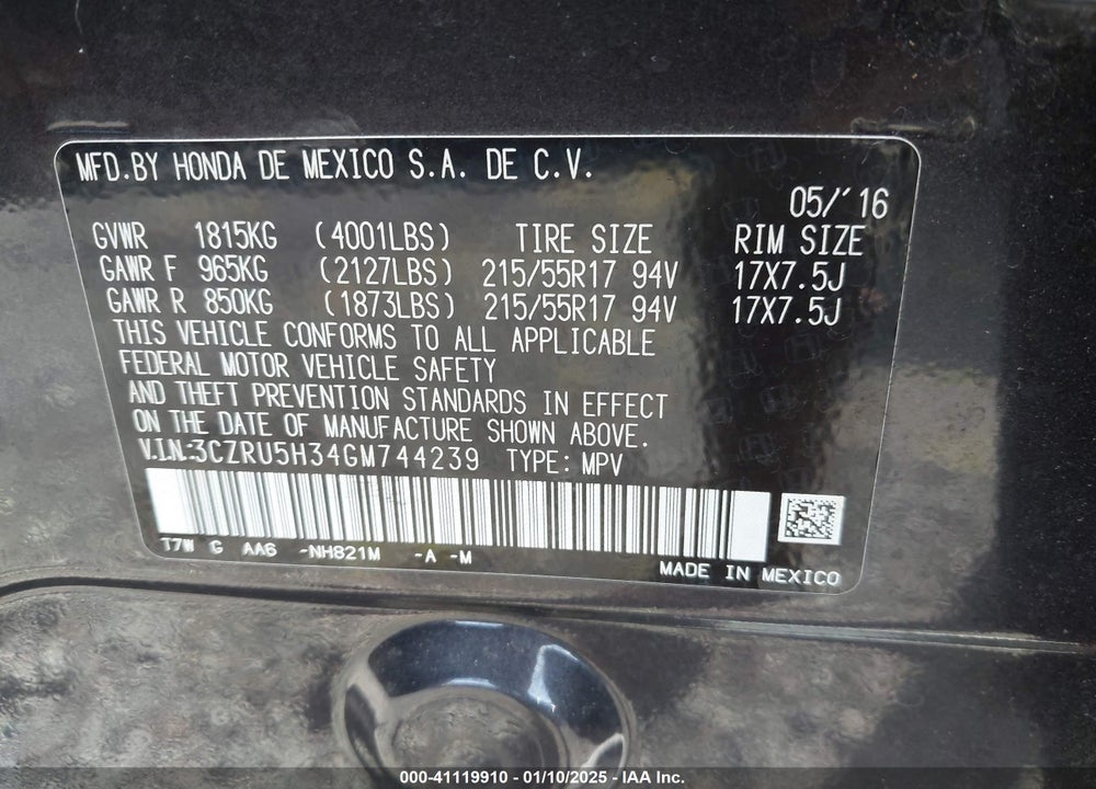 2016 HONDA HR-V LX VIN: 3CZRU5H34GM744239