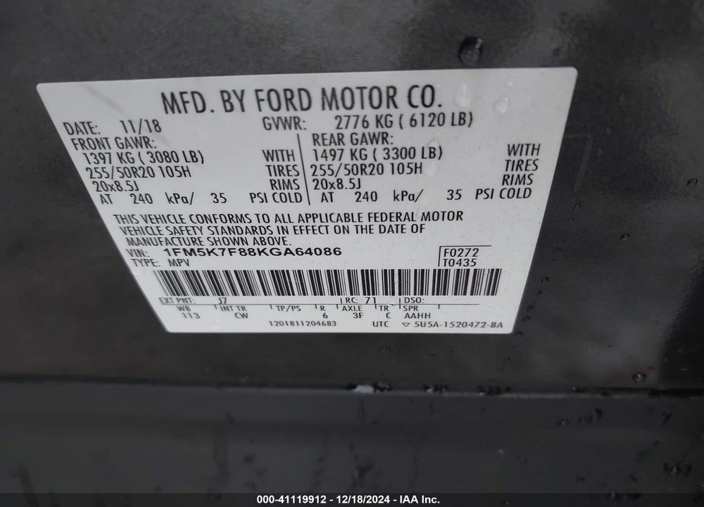 2019 FORD EXPLORER LIMITED VIN: 1FM5K7F88KGA64086