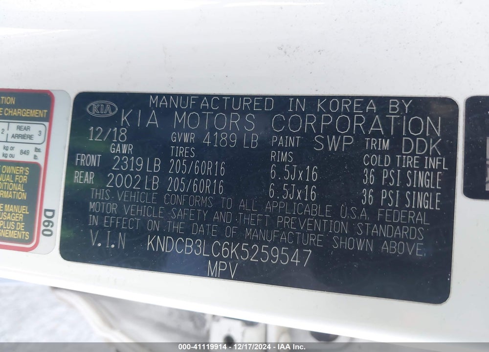 2019 KIA NIRO LX VIN: KNDCB3LC6K5259547