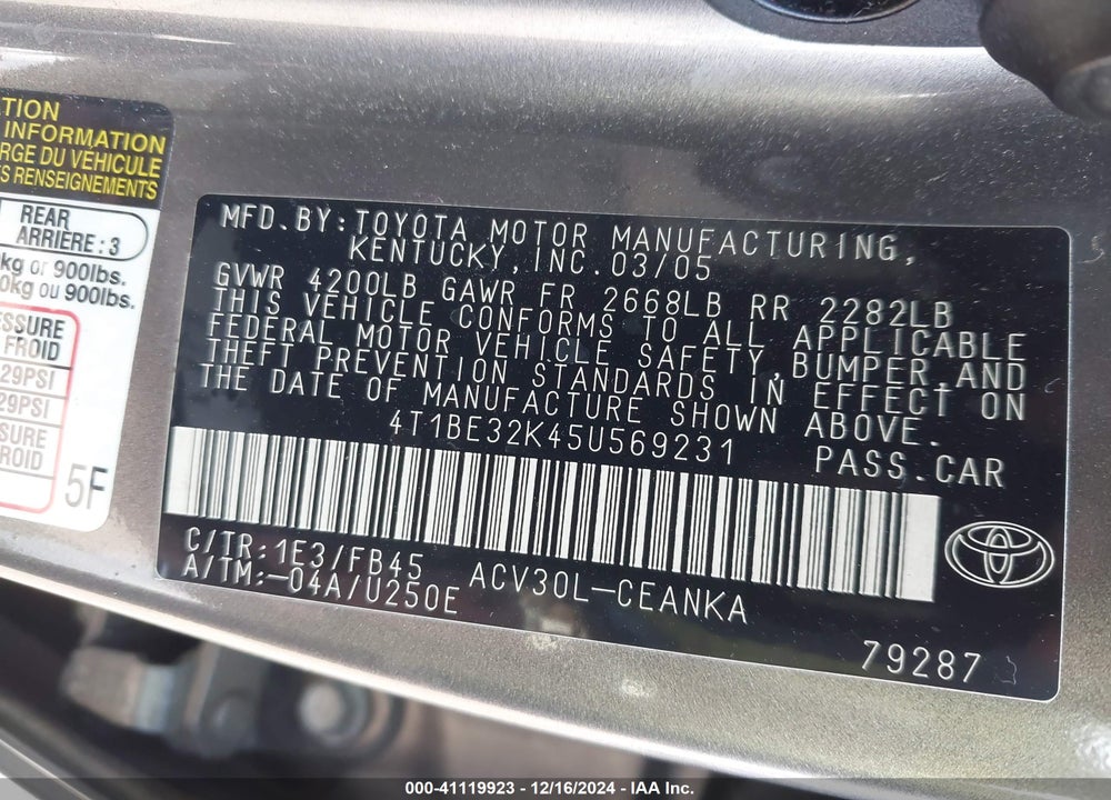 2005 TOYOTA CAMRY LE VIN: 4T1BE32K45U569231