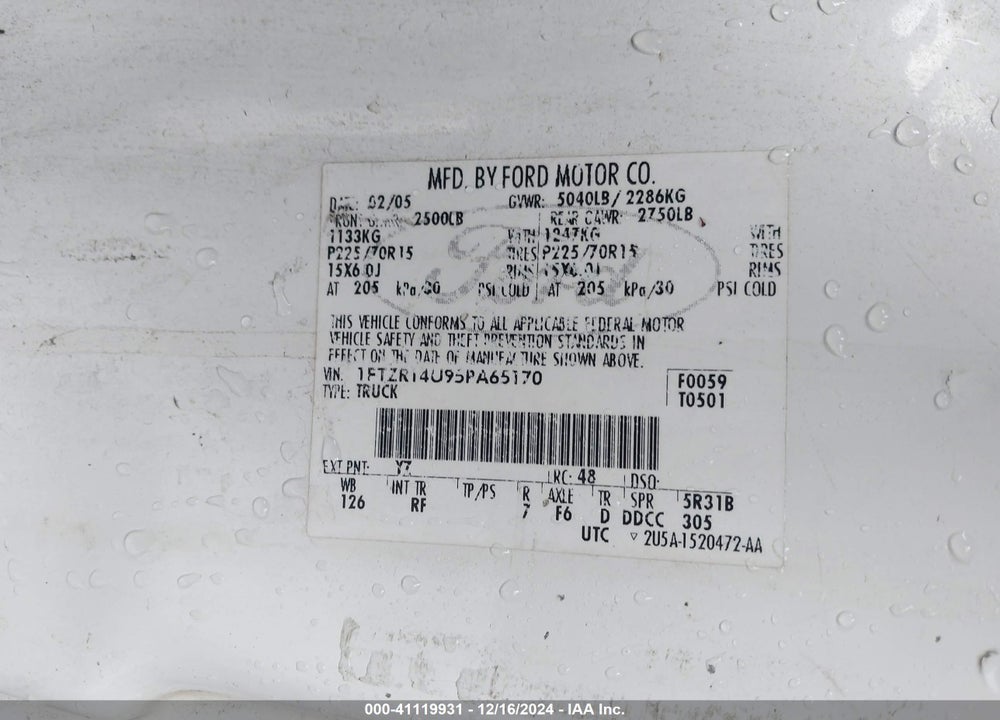 2005 FORD RANGER EDGE/STX/XL/XLT VIN: 1FTZR14U95PA65170