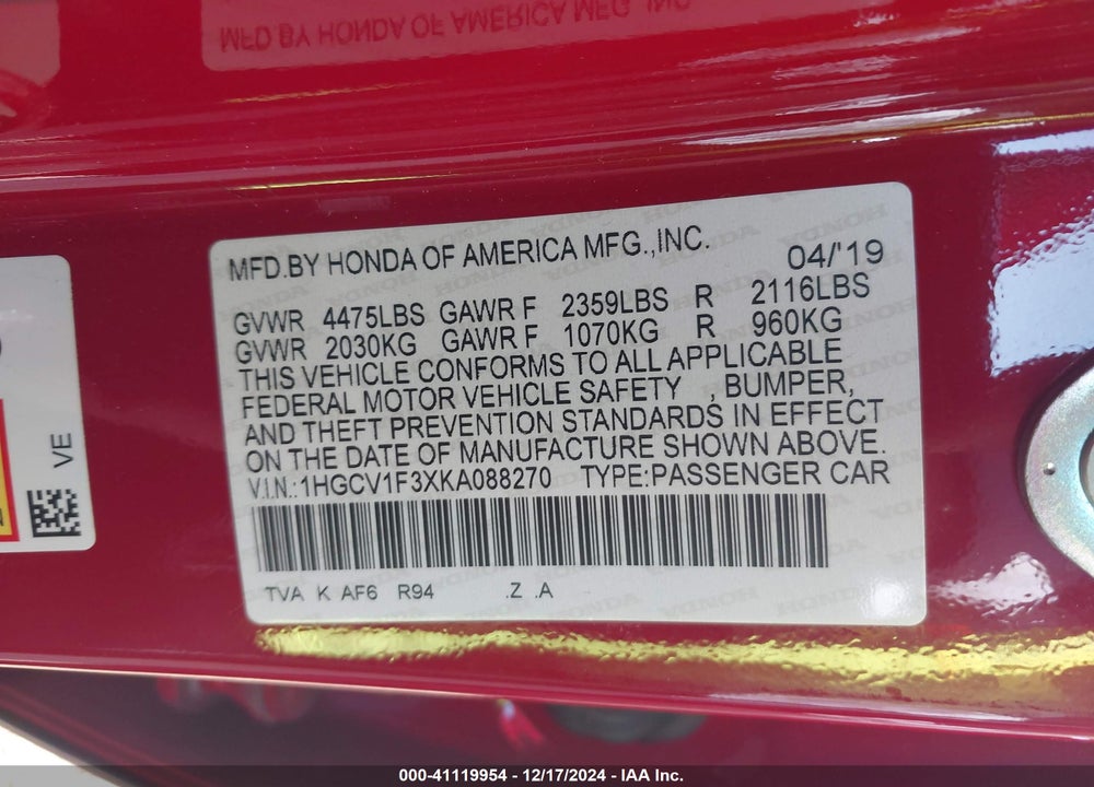 2019 HONDA ACCORD VIN: 1HGCV1F3XKA088270