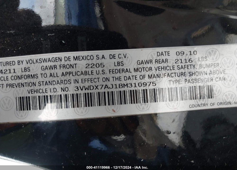 2011 VOLKSWAGEN JETTA 2.5L SE VIN: 3VWDX7AJ1BM310975
