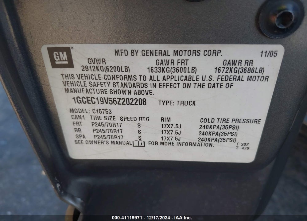 2006 CHEVROLET SILVERADO 1500 LT1 VIN: 1GCEC19V56Z202208