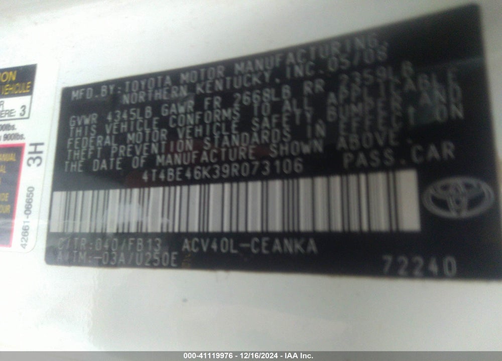 2009 TOYOTA CAMRY VIN: 4T4BE46K39R073106