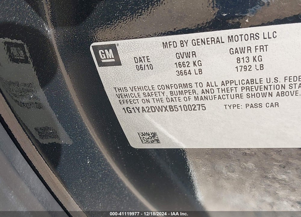 2011 CHEVROLET CORVETTE VIN: 1G1YA2DWXB5100275