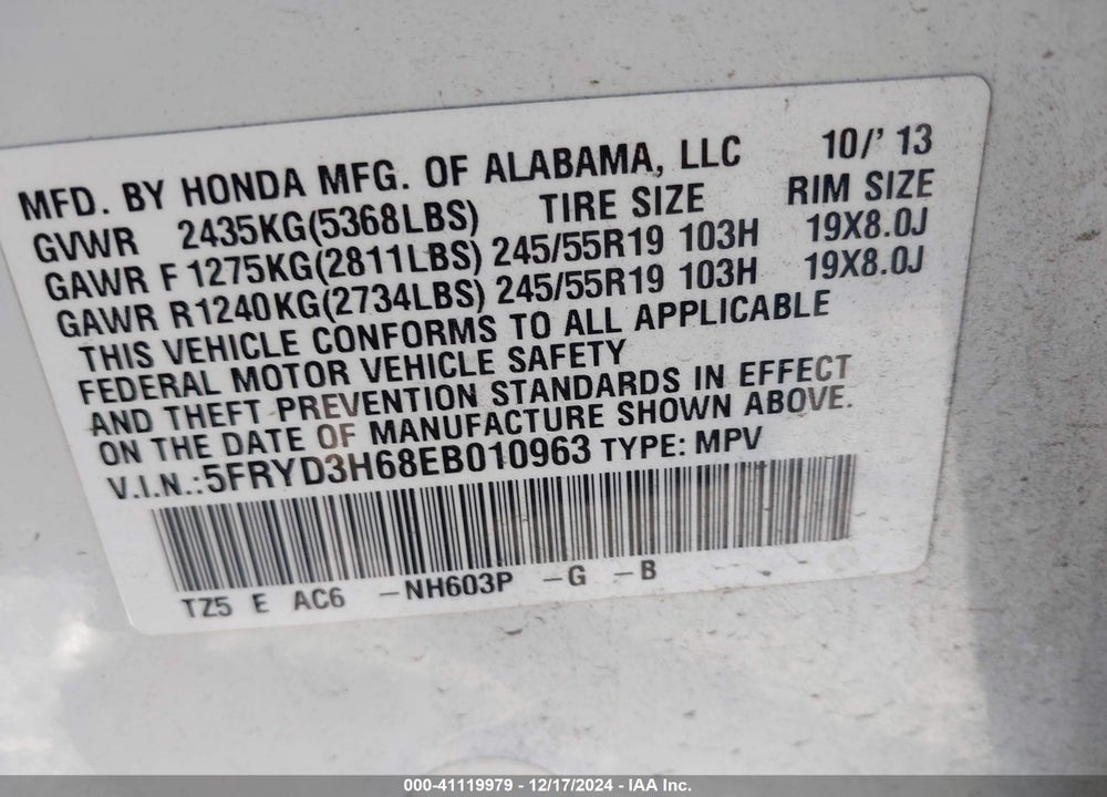 2014 ACURA MDX TECHNOLOGY PKG W/ENTERTAINMENT PKG VIN: 5FRYD3H68EB010963