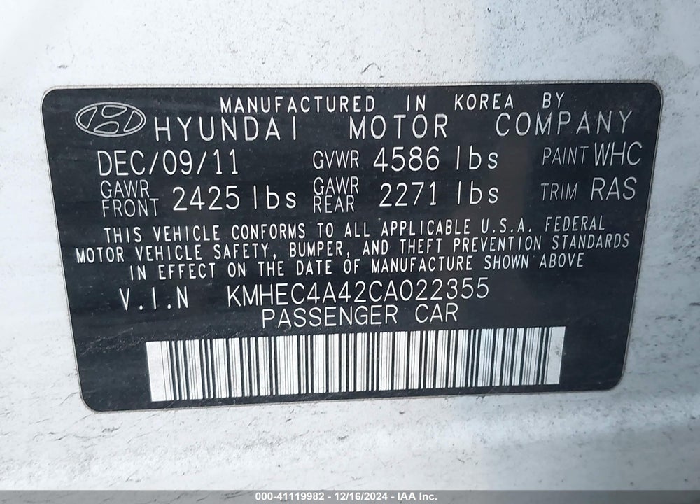 2012 HYUNDAI SONATA HYBRID VIN: KMHEC4A42CA022355