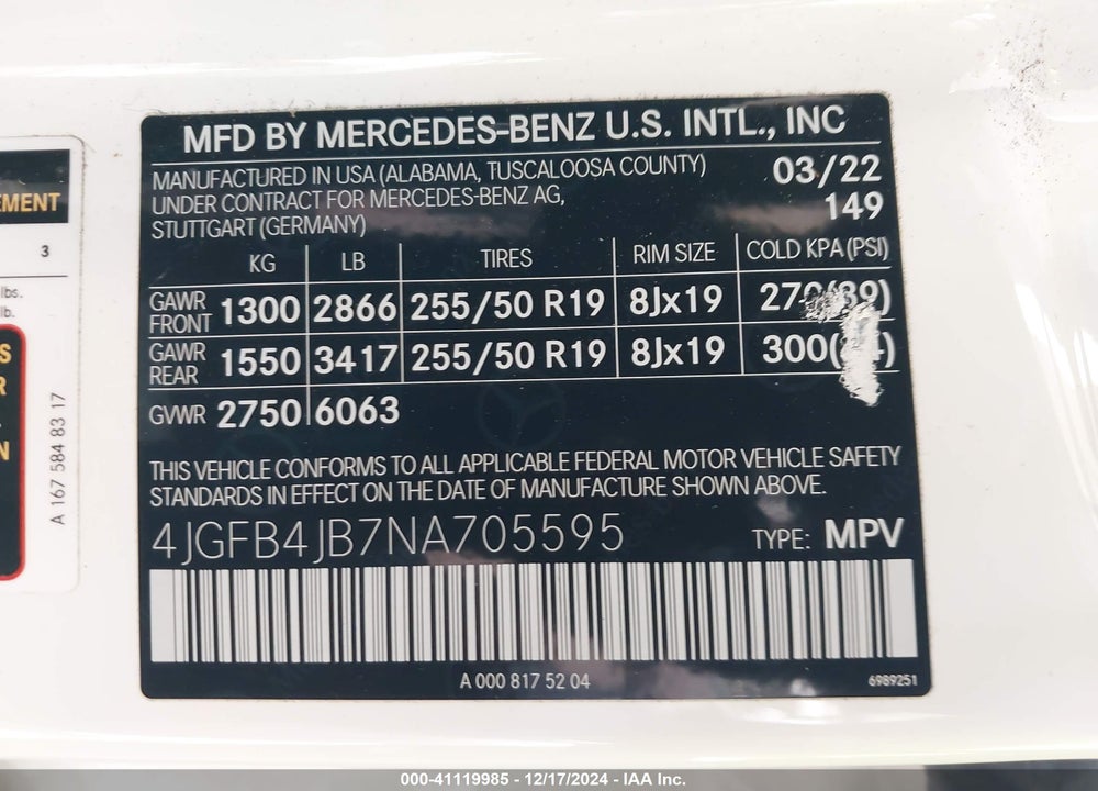 2022 MERCEDES-BENZ GLE 350 VIN: 4JGFB4JB7NA705595