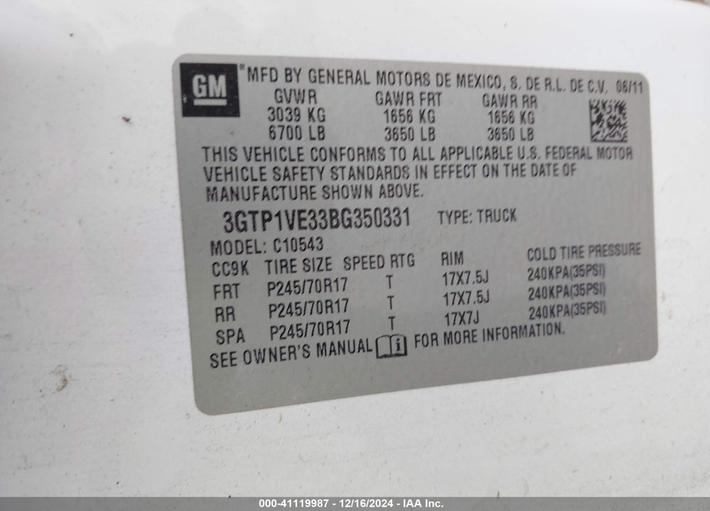 2011 GMC SIERRA 1500 XTRA FUEL ECONOMY VIN: 3GTP1VE33BG350331