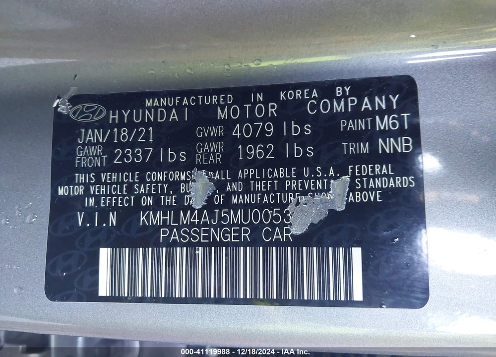 2021 HYUNDAI ELANTRA HYBRID BLUE VIN: KMHLM4AJ5MU005379