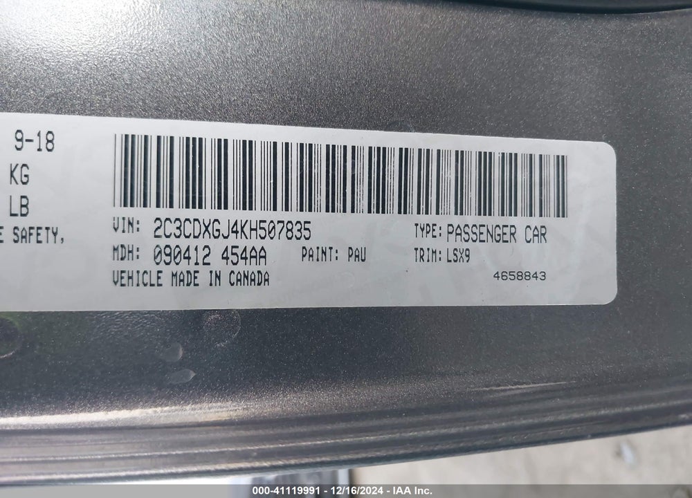 2019 DODGE CHARGER SCAT PACK RWD VIN: 2C3CDXGJ4KH507835