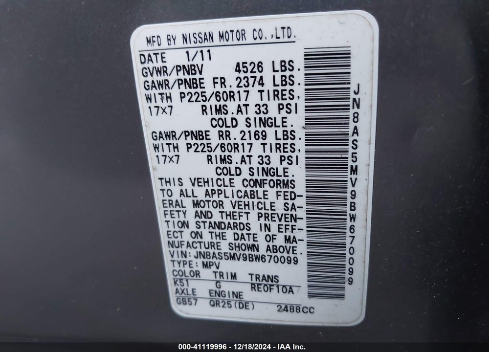 2011 NISSAN ROGUE SV VIN: JN8AS5MV9BW670099