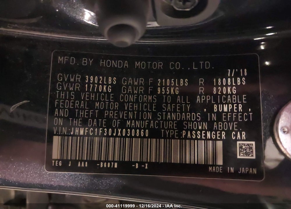2018 HONDA CIVIC EX-T VIN: JHMFC1F30JX030860