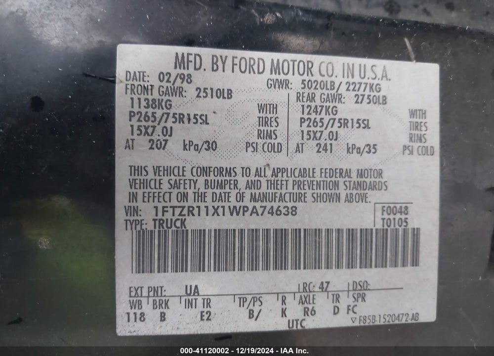 1998 FORD RANGER SPLASH/XL/XLT VIN: 1FTZR11X1WPA74638