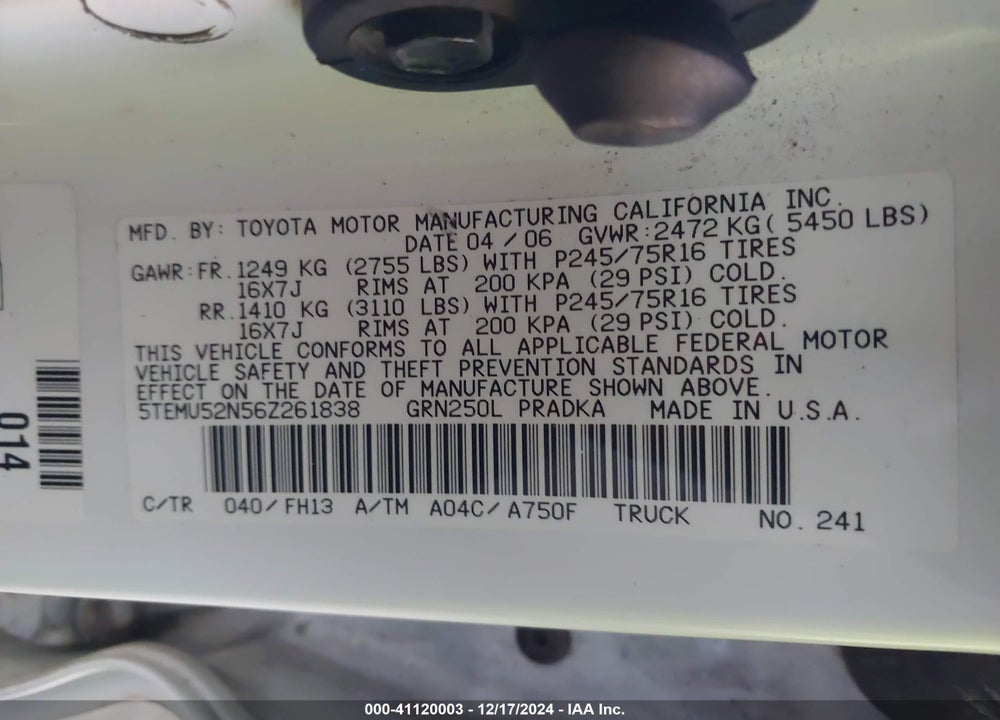 2006 TOYOTA TACOMA BASE V6 VIN: 5TEMU52N56Z261838