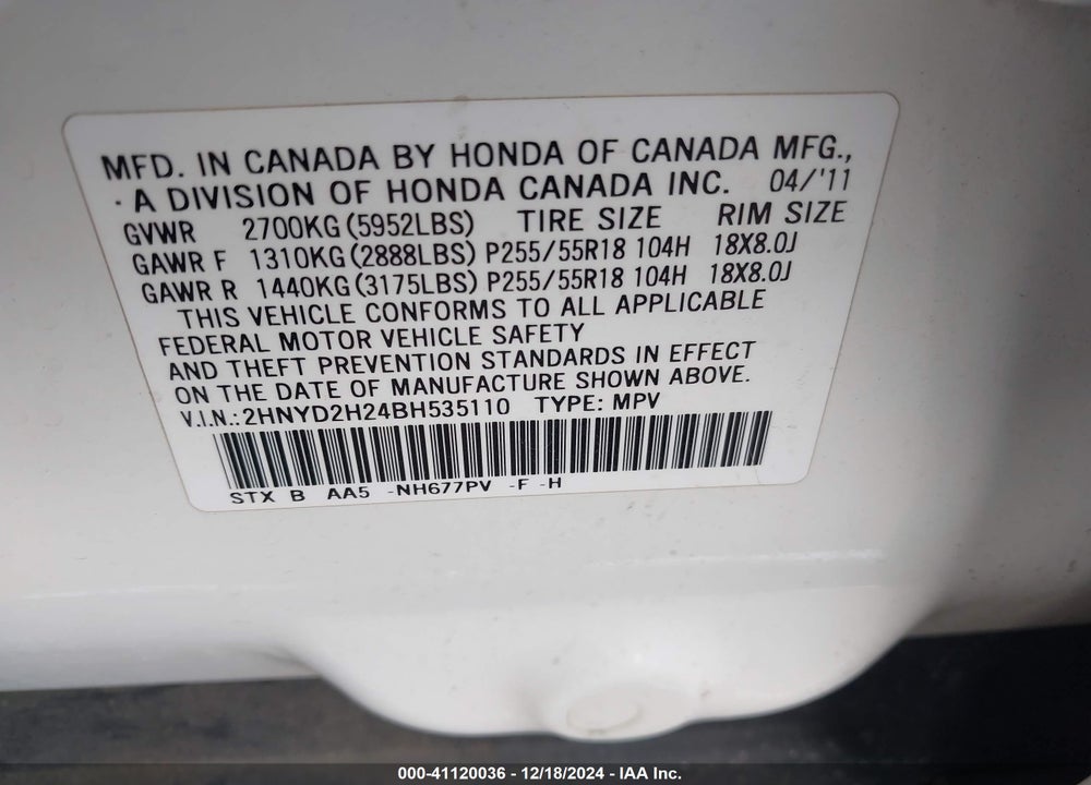 2011 ACURA MDX VIN: 2HNYD2H24BH535110