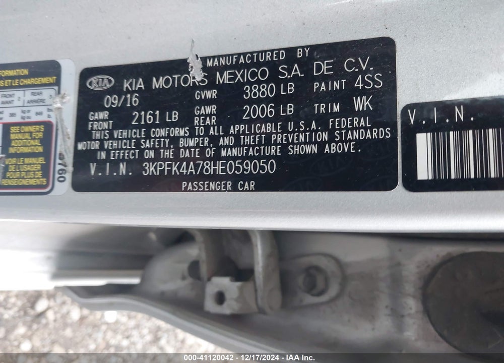 2017 KIA FORTE LX VIN: 3KPFK4A78HE059050