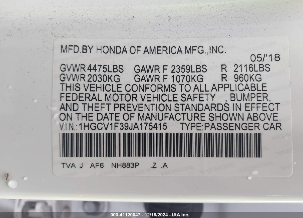 2018 HONDA ACCORD SPORT VIN: 1HGCV1F39JA175415