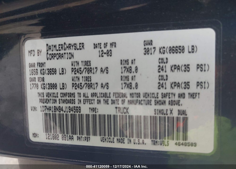 2004 DODGE RAM 1500 SLT/LARAMIE VIN: 1D7HA18N94J194569