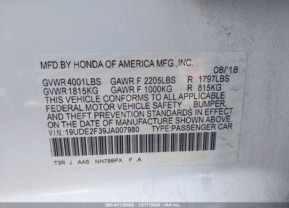 2018 ACURA ILX WATCH PLUS PACKAGE VIN: 19UDE2F39JA007980