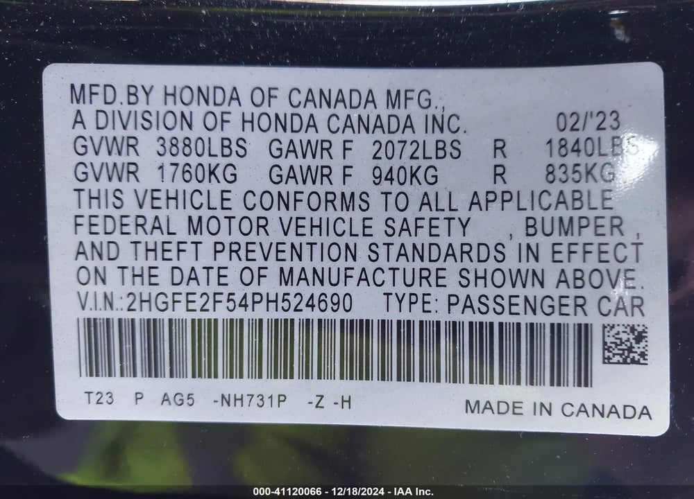 2023 HONDA CIVIC VIN: 2HGFE2F54PH524690