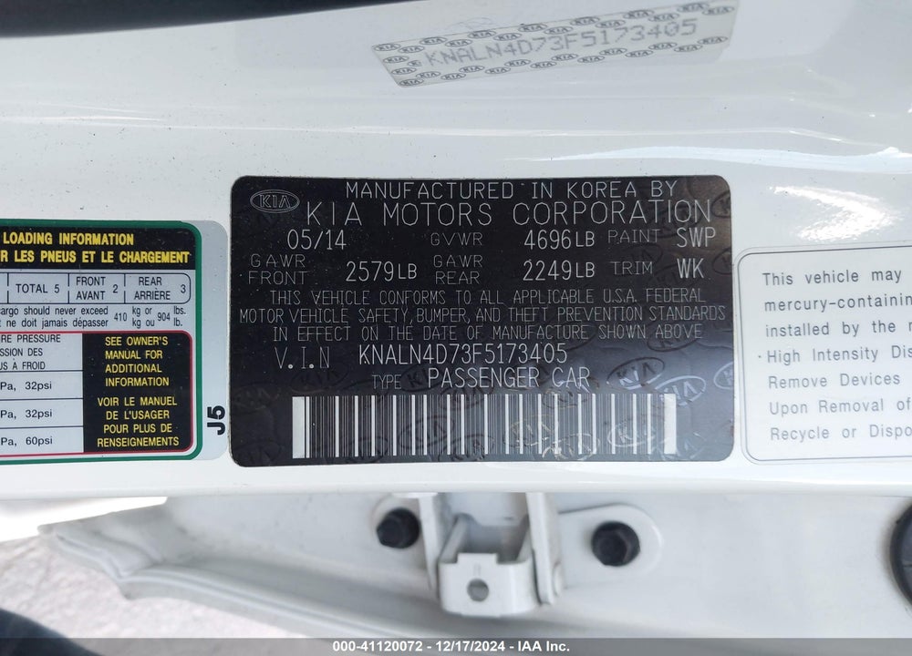 2015 KIA CADENZA PREMIUM VIN: KNALN4D73F5173405